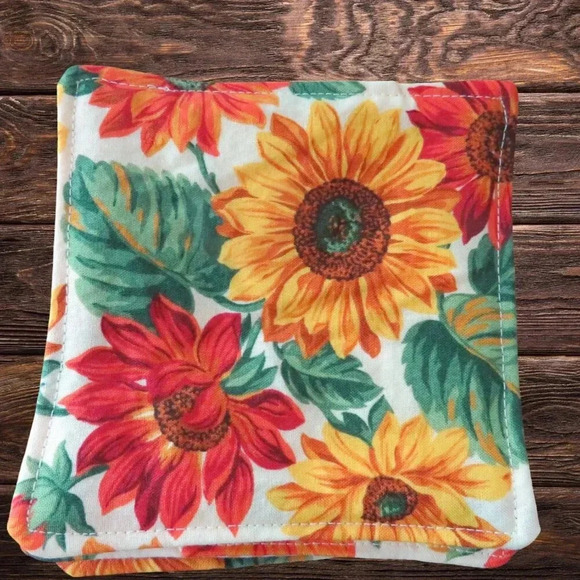 Fabric Coasters, Set Of 4, Reversible Sunflowers and Orange Gingham - Picture 5 of 7